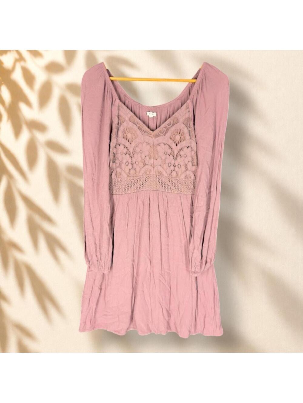 Maurices Dress Women M Medium Pink Crochet Shift Short V-Neck Long Sleeve Lined